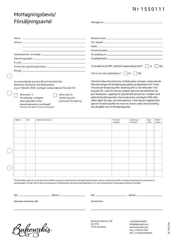 Bukowskis - Mottagarbevis A4 (250 st/ fpk)